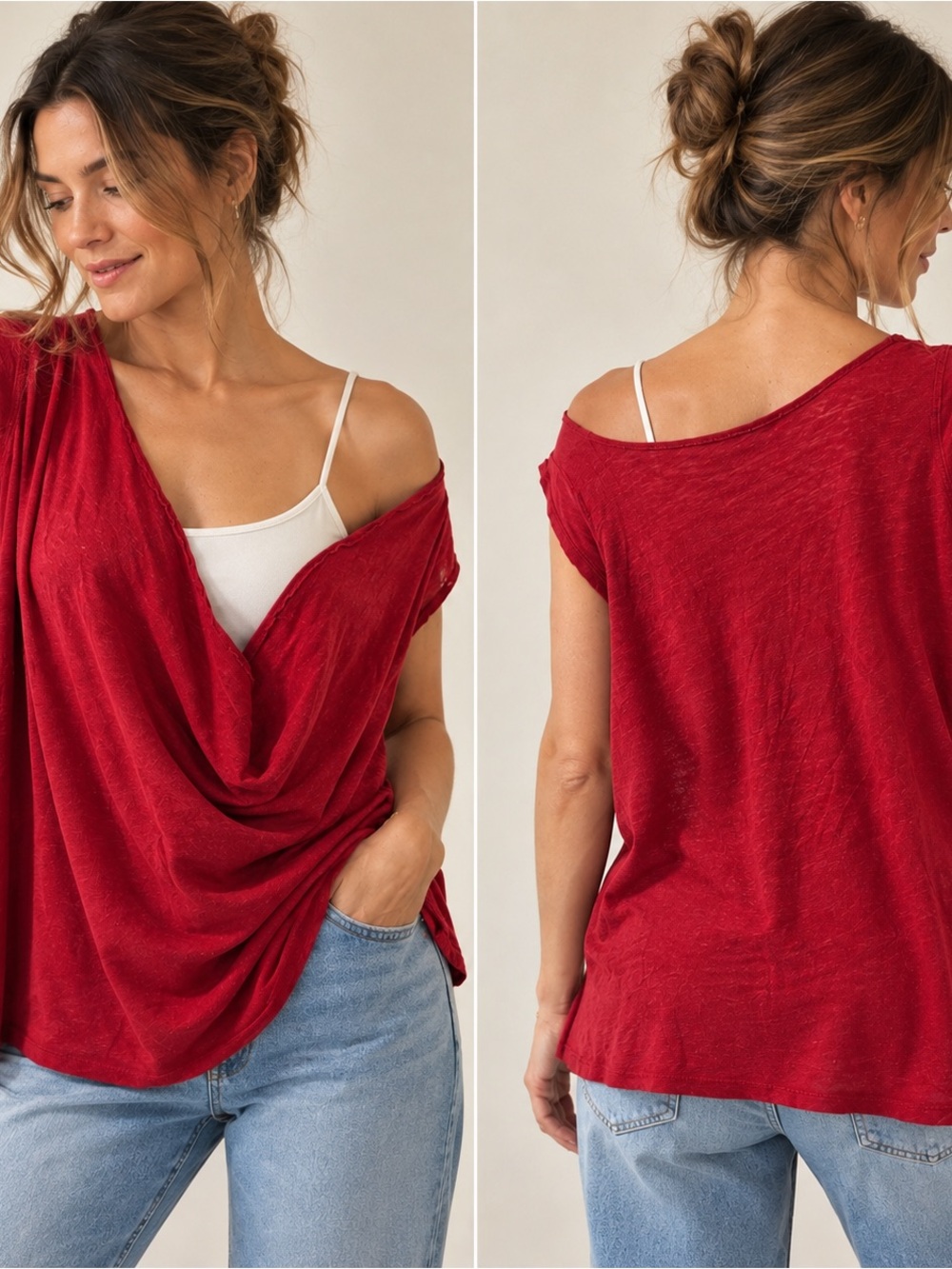 Free People We The Free Waterfall Cowl Neck Draped Top Red S